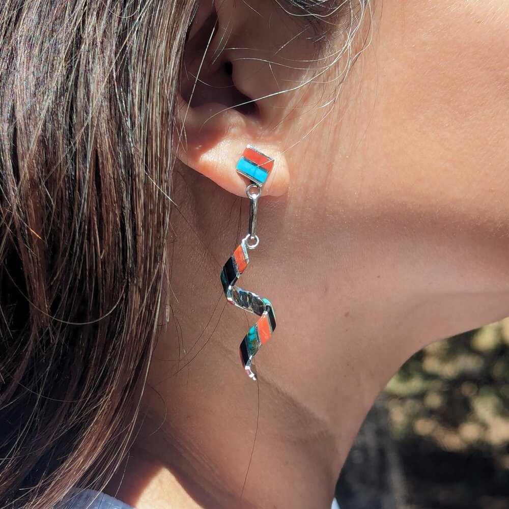 Authentic Zuni Spiral Multi Stones Inlay Dangle Earrings Handmade NA Jewelry**